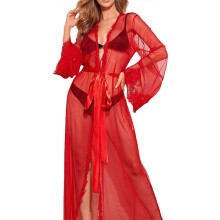 (Red, L) Bata de baño transparente con ribete de encaje, ropa de dormir transparente para mujer, bata de dama de honor, pareo para traje de baño.