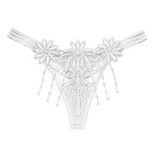 (White) Tangas de mujer con bordado floral liso, lencería sexy con borlas y bragas.