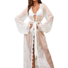(White, L) Camisón transparente con ribete de encaje, bata de encaje para mujer, bata de novia, pareo para traje de baño.