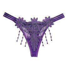 (Purple) Tangas de mujer con bordado floral liso, lencería sexy con borlas, bragas