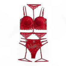 (Red, M) Conjunto de lencería de encaje para mujer, con liguero, tirantes ajustables y aros, poliéster y elastano, para ocasiones especiales