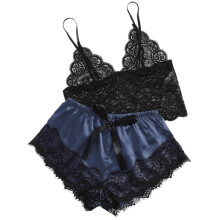 (Navy blue, M) Women's Pajama Sets, V Neck Floral Lace Cami Crop Top and Satin Shorts 2 Piece Sleepwear, Spandex Lace Blend, Multiple Sizes and Colors