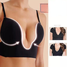 (Black, 34c) Reggiseno da donna senza ferretto, 3/4 coppa, scollo U profondo, imbottito, senza cuciture, spalline regolabili, tinta unita