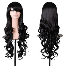 (BLACK) Anime Harajuku Cosplay Pruik 80 cm Lang Krullend Hittebestendig Haar U-vormige Pruik Verstelbare Pruikkap van 22-22,5 inch