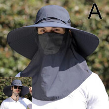 (Grey) Kapelusz turystyczny z odpinaną maską, 15 cm szerokie rondo, ochrona przed promieniowaniem UV, do wędkarstwa i kempingu