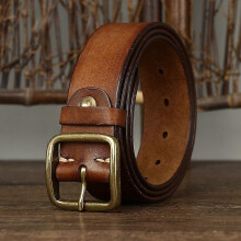 (Khaki, 110cm) Cinturón de hombre de piel de vacuno maciza vintage de 3,8 cm de ancho con hebilla de cobre para vaqueros.