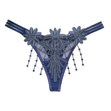 (Blue) Tangas de mujer con bordado floral liso, lencería sexy con borlas y bragas.