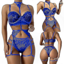 (Blue, M) Conjunto de lencería de encaje para mujer, con liguero, tirantes ajustables y aros, poliéster y elastano, para ocasiones especiales