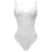 (White, L) Body de encaje y malla para mujer, lencería cómoda y transpirable con estampado floral.