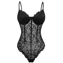 (Black, S) Body de encaje y malla para mujer, lencería cómoda y transpirable con estampado floral.