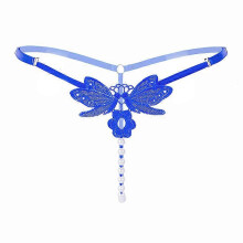 (Blue) Tangas con bordado de mariposa, bragas caladas con perlas de imitación, lencería femenina