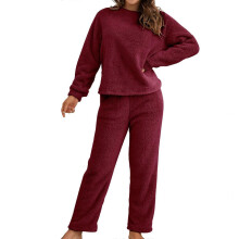 (Burgundy, XL) Damen-Fleece-Pyjama-Set mit langen Ärmeln, Plüsch-Loungewear, Nachtwäsche, Armeegrün