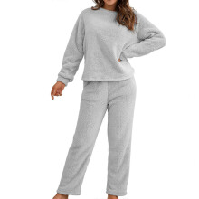 (Gray, XL) Damen-Fleece-Pyjama-Set mit langen Ärmeln, Plüsch-Loungewear, Nachtwäsche, Armeegrün