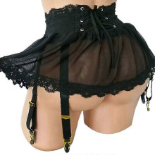 (Black, S) Falda de lencería femenina con encaje floral, tirantes ajustables y cierre de cordones.