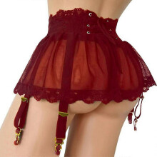 (Wine Red, S) Falda de lencería femenina con encaje floral, tirantes ajustables y cierre de cordones.