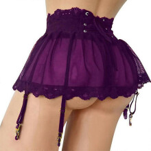 (Purple, XL) Falda de lencería femenina con encaje floral, tirantes ajustables y cierre de cordones.