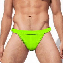 (Green -Half Hip, XL) Męskie slipy kąpielowe z niskim stanem, patchworkowe, z kieszenią na biodrach i metalowym kółkiem
