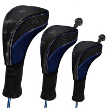 (Blue) Golf Club Head Covers, 3 Pack Long Neck Elastic Mesh Nylon, for Driver Fairway Woods Hybrids, Interchangeable Number Tags