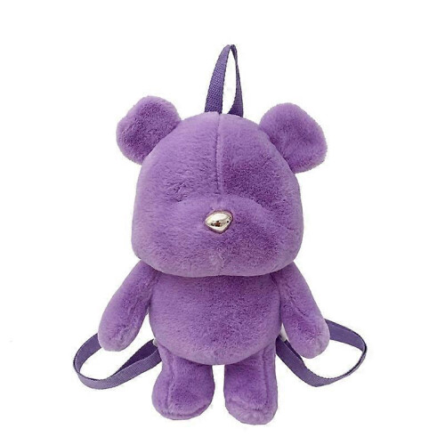 (Purple) Plush Doll Bear Backpack Anime Patterned Imitation Wool Zipper Closure Lining Polyester