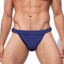(Dark Blue -Half Hip, XL) Męskie slipy kąpielowe z niskim stanem, patchworkowe, z kieszenią na biodrach i metalowym kółkiem