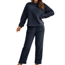 (Navy Blue, M) Set pigiama da donna a maniche lunghe in pile, abbigliamento da casa, colore verde militare.