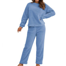 (Blue, L) Set pigiama da donna a maniche lunghe in pile, abbigliamento da casa, colore verde militare.