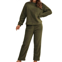 (Army Green, XL) Damski komplet piżamy z długim rękawem z polaru, odzież domowa, bielizna nocna, zieleń wojskowa