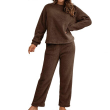 (Coffee, L) Set pigiama da donna a maniche lunghe in pile, abbigliamento da casa, colore verde militare.
