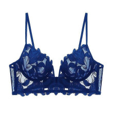 (Blue, S 32or70ABC) Conjunto de lencería de encaje para mujer, elegante conjunto de sujetador y braguita transparentes.