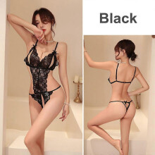 (Black, XL) Pijama babydoll de encaje sin mangas, con espalda descubierta y detalles bordados.