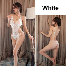 (White, L) Pijama babydoll de encaje sin mangas, con espalda descubierta y detalles bordados.
