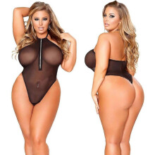 (S) Lencería de talla grande para mujer, body tipo teddy sin mangas de encaje negro, camisón babydoll.