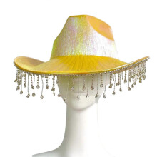 (Yellow) Glitter Cowboy Hat Neon Disco Style with Holographic Tassel for Party