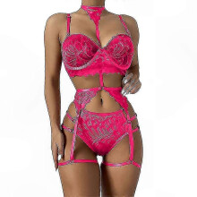 (Rose Red, M) Conjunto de lencería con liguero de encaje para mujer, copas con aros push-up, tirantes ajustables, poliéster y elastano