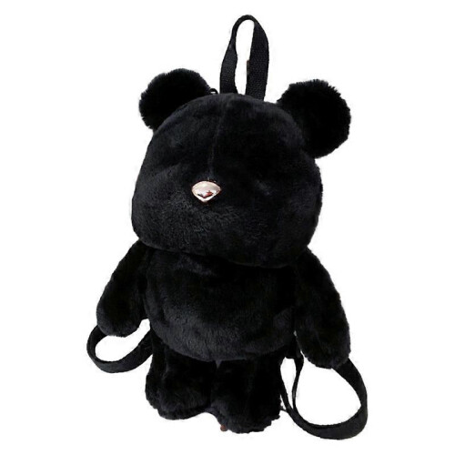 (black) Plush Doll Bear Backpack Anime Patterned Imitation Wool Zipper Closure Lining Polyester