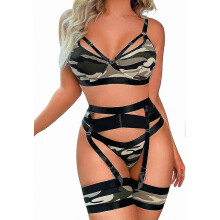 (Camo, XL) Conjunto de lencería de encaje para mujer de 4 piezas: liguero transparente con cinturón y bandas para los muslos.