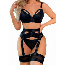 (Black, S) Conjunto de lencería de encaje para mujer de 4 piezas: liguero transparente con cinturón y bandas para los muslos.
