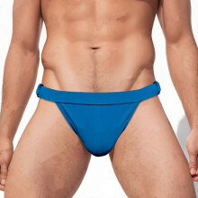 (Blue -Half Hip, XL) Męskie slipy kąpielowe z niskim stanem, patchworkowe, z kieszenią na biodrach i metalowym kółkiem