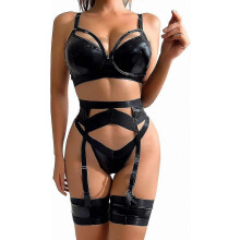 (Black Leather, S) Conjunto de lencería de encaje para mujer de 4 piezas: liguero transparente con cinturón y bandas para los muslos.