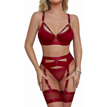 (BurGundy, XS) Conjunto de lencería de encaje para mujer de 4 piezas: liguero transparente con cinturón y bandas para los muslos.