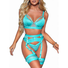 (Teal Blue, 3XL) Conjunto de lencería de encaje para mujer de 4 piezas: liguero transparente con cinturón y bandas para los muslos.