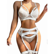 (White, XL) Conjunto de lencería de encaje para mujer de 4 piezas: liguero transparente con cinturón y bandas para los muslos.