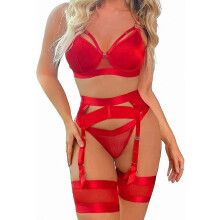 (Red, S) Conjunto de lencería de encaje para mujer de 4 piezas: liguero transparente con cinturón y bandas para los muslos.