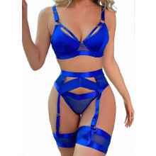 (Royal Blue, 3XL) Conjunto de lencería de encaje para mujer de 4 piezas: liguero transparente con cinturón y bandas para los muslos.