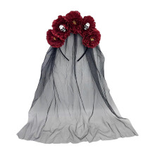 (Deep Red) Hair Bands, Black Flower Skeleton Gothic Floral Leaf Veils Hair Hoops for Halloween Masquerade Costume Events
