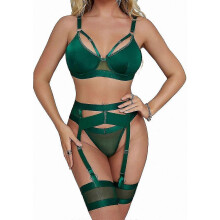 (Dark Green, S) Conjunto de lencería de encaje para mujer de 4 piezas: liguero transparente con cinturón y bandas para los muslos.
