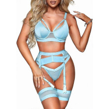 (Light Blue, XL) Conjunto de lencería de encaje para mujer de 4 piezas: liguero transparente con cinturón y bandas para los muslos.