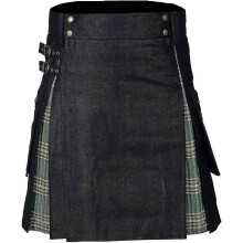 (green, XXL) Męski kilt użytkowy z hybrydowej tkaniny bawełnianej z jeansami i nowoczesnym wzorem kratki w kratę