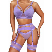 (Light Purple, L) Conjunto de lencería de encaje para mujer de 4 piezas: liguero transparente con cinturón y bandas para los muslos.
