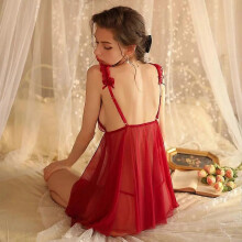 (red 2, S) Conjunto de pijama camisón de encaje con hombros descubiertos para mujer, tejido de voile liso con lazo